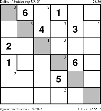 The grouppuzzles.com Difficult Sudoku-6up-UR-D puzzle for Saturday January 4, 2025 with the first 3 steps marked