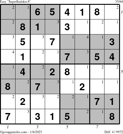 The grouppuzzles.com Easy SuperSudoku-8 puzzle for Saturday January 4, 2025 with all 4 steps marked