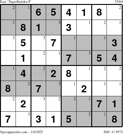 The grouppuzzles.com Easy SuperSudoku-8 puzzle for Saturday January 4, 2025 with the first 3 steps marked