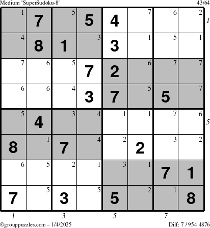 The grouppuzzles.com Medium SuperSudoku-8 puzzle for Saturday January 4, 2025 with all 7 steps marked