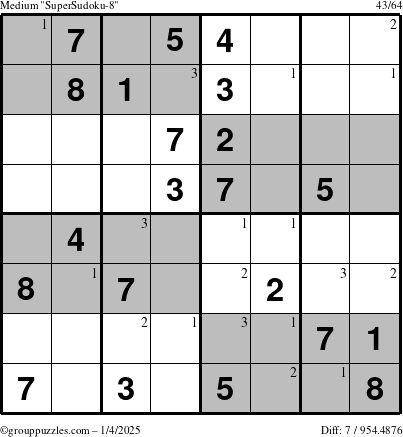 The grouppuzzles.com Medium SuperSudoku-8 puzzle for Saturday January 4, 2025 with the first 3 steps marked