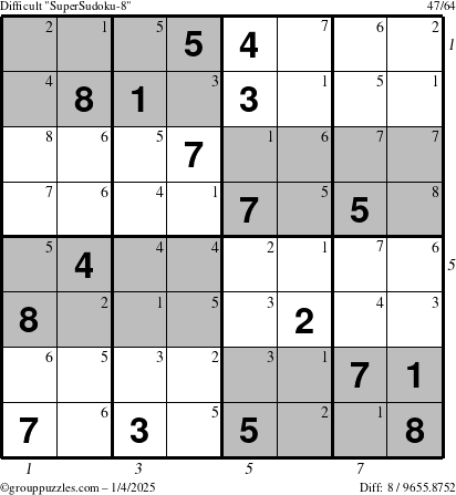 The grouppuzzles.com Difficult SuperSudoku-8 puzzle for Saturday January 4, 2025 with all 8 steps marked