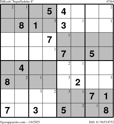 The grouppuzzles.com Difficult SuperSudoku-8 puzzle for Saturday January 4, 2025 with the first 3 steps marked