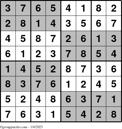 The grouppuzzles.com Answer grid for the SuperSudoku-8 puzzle for Saturday January 4, 2025