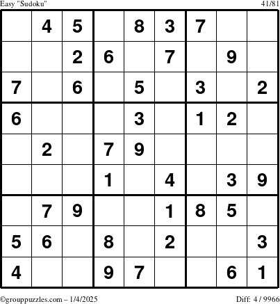 The grouppuzzles.com Easy Sudoku puzzle for Saturday January 4, 2025