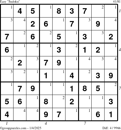 The grouppuzzles.com Easy Sudoku puzzle for Saturday January 4, 2025 with all 4 steps marked