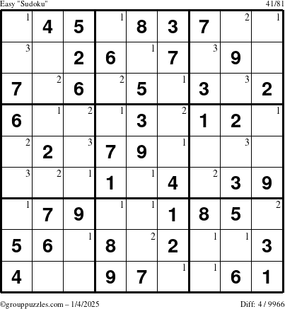 The grouppuzzles.com Easy Sudoku puzzle for Saturday January 4, 2025 with the first 3 steps marked