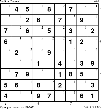 The grouppuzzles.com Medium Sudoku puzzle for Saturday January 4, 2025 with all 5 steps marked