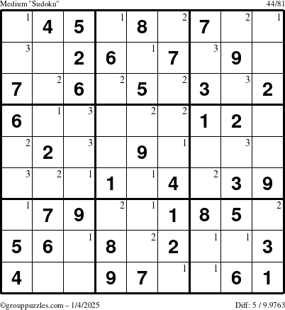 The grouppuzzles.com Medium Sudoku puzzle for Saturday January 4, 2025 with the first 3 steps marked