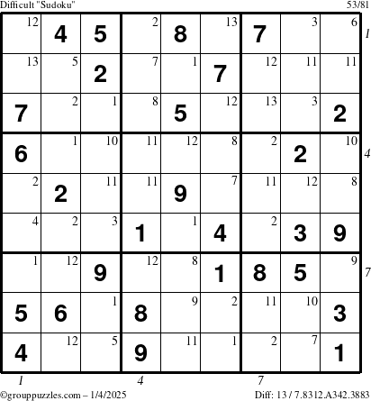 The grouppuzzles.com Difficult Sudoku puzzle for Saturday January 4, 2025 with all 13 steps marked