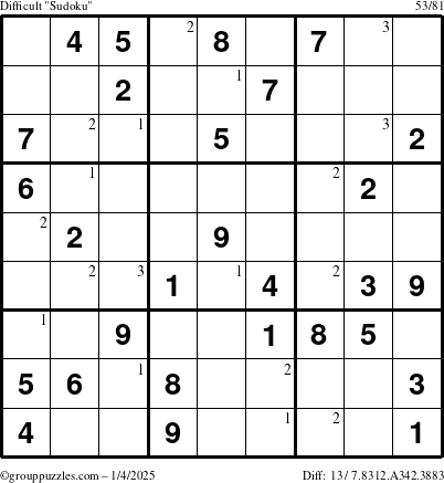 The grouppuzzles.com Difficult Sudoku puzzle for Saturday January 4, 2025 with the first 3 steps marked