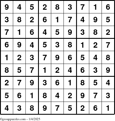 The grouppuzzles.com Answer grid for the Sudoku puzzle for Saturday January 4, 2025