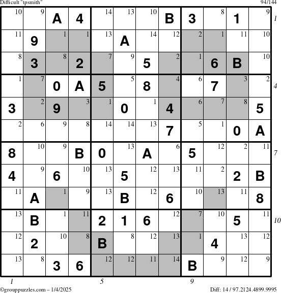 The grouppuzzles.com Difficult tpsmith puzzle for Saturday January 4, 2025 with all 14 steps marked