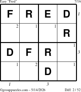 The grouppuzzles.com Easy Fred puzzle for Thursday May 14, 2026 with all 2 steps marked