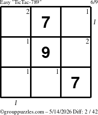 The grouppuzzles.com Easy TicTac-789 puzzle for Thursday May 14, 2026 with all 2 steps marked