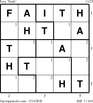 The grouppuzzles.com Easy Faith puzzle for Thursday May 14, 2026 with all 3 steps marked