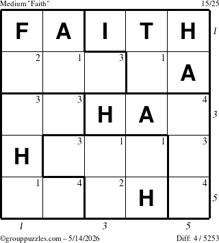 The grouppuzzles.com Medium Faith puzzle for Thursday May 14, 2026 with all 4 steps marked