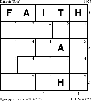 The grouppuzzles.com Difficult Faith puzzle for Thursday May 14, 2026, suitable for printing, with all 5 steps marked