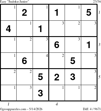 The grouppuzzles.com Easy Sudoku-Junior puzzle for Thursday May 14, 2026, suitable for printing, with all 4 steps marked
