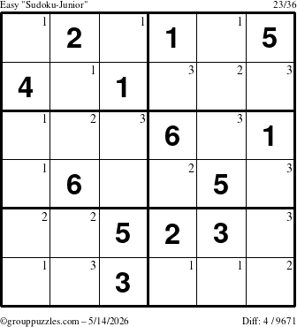 The grouppuzzles.com Easy Sudoku-Junior puzzle for Thursday May 14, 2026 with the first 3 steps marked