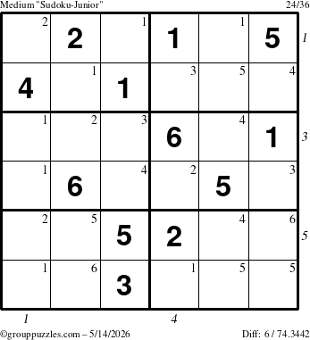 The grouppuzzles.com Medium Sudoku-Junior puzzle for Thursday May 14, 2026 with all 6 steps marked