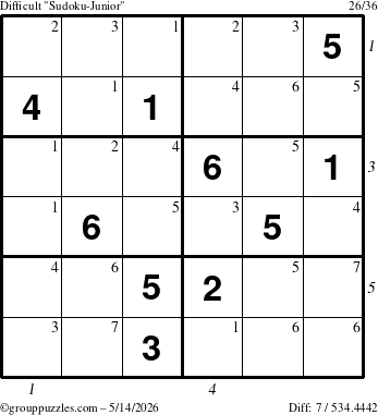 The grouppuzzles.com Difficult Sudoku-Junior puzzle for Thursday May 14, 2026, suitable for printing, with all 7 steps marked