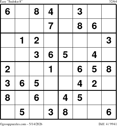 The grouppuzzles.com Easy Sudoku-8 puzzle for Thursday May 14, 2026