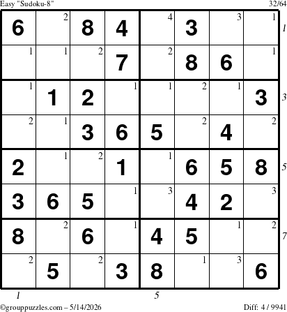 The grouppuzzles.com Easy Sudoku-8 puzzle for Thursday May 14, 2026, suitable for printing, with all 4 steps marked