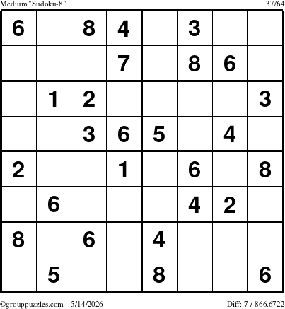 The grouppuzzles.com Medium Sudoku-8 puzzle for Thursday May 14, 2026