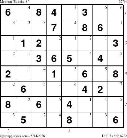 The grouppuzzles.com Medium Sudoku-8 puzzle for Thursday May 14, 2026 with all 7 steps marked