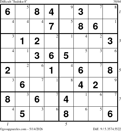 The grouppuzzles.com Difficult Sudoku-8 puzzle for Thursday May 14, 2026, suitable for printing, with all 9 steps marked