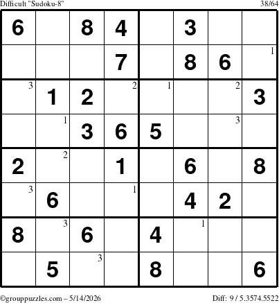 The grouppuzzles.com Difficult Sudoku-8 puzzle for Thursday May 14, 2026 with the first 3 steps marked