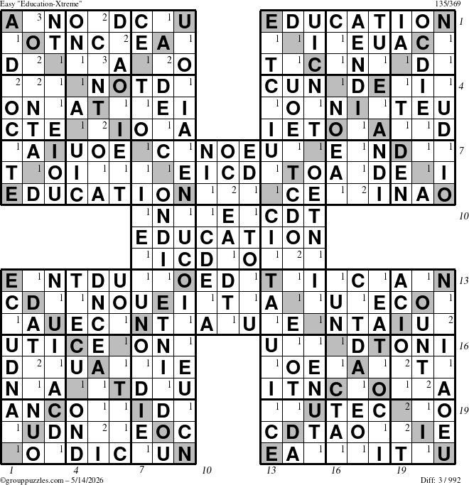 The grouppuzzles.com Easy Education-Xtreme puzzle for Thursday May 14, 2026, suitable for printing, with all 3 steps marked