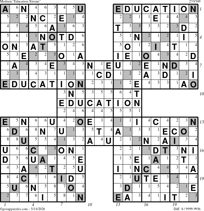 The grouppuzzles.com Medium Education-Xtreme puzzle for Thursday May 14, 2026, suitable for printing, with all 8 steps marked
