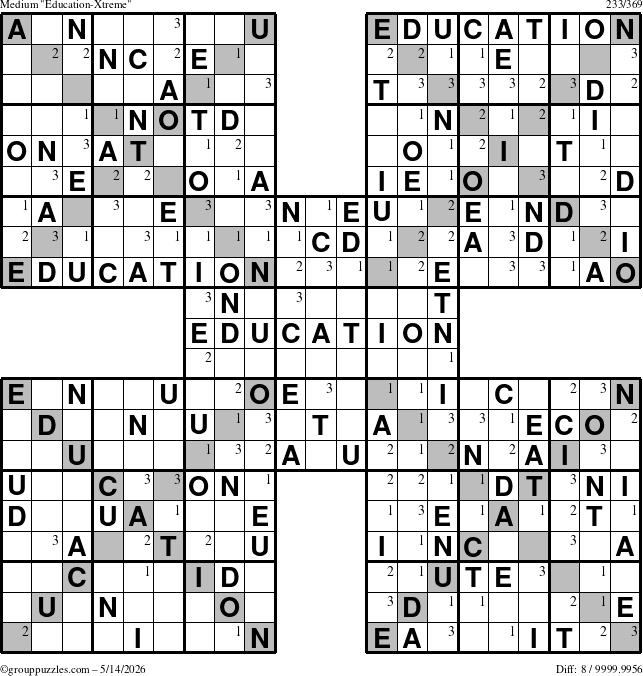 The grouppuzzles.com Medium Education-Xtreme puzzle for Thursday May 14, 2026 with the first 3 steps marked