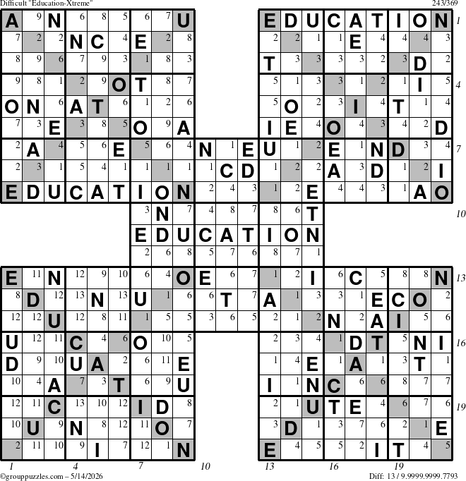 The grouppuzzles.com Difficult Education-Xtreme puzzle for Thursday May 14, 2026 with all 13 steps marked