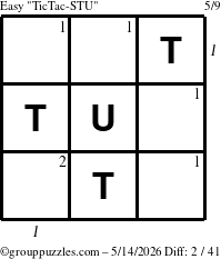 The grouppuzzles.com Easy TicTac-STU puzzle for Thursday May 14, 2026 with all 2 steps marked