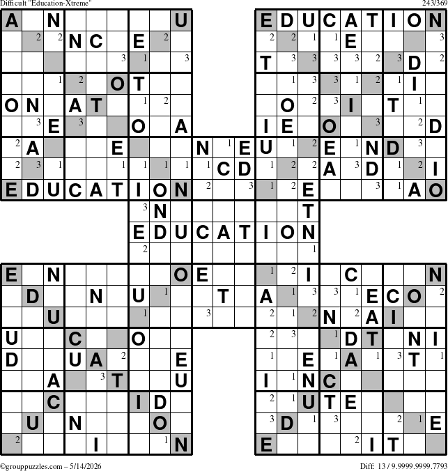 The grouppuzzles.com Difficult Education-Xtreme puzzle for Thursday May 14, 2026 with the first 3 steps marked