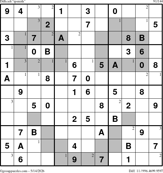 The grouppuzzles.com Difficult tpsmith puzzle for Thursday May 14, 2026 with the first 3 steps marked