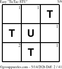 The grouppuzzles.com Easy TicTac-STU puzzle for Thursday May 14, 2026 with the first 2 steps marked