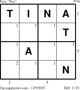 The grouppuzzles.com Easy Tina puzzle for Tuesday December 9, 2025, suitable for printing, with all 2 steps marked