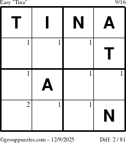 The grouppuzzles.com Easy Tina puzzle for Tuesday December 9, 2025 with the first 2 steps marked
