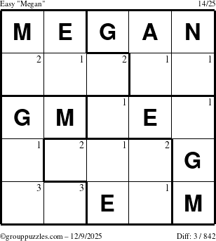 The grouppuzzles.com Easy Megan puzzle for Tuesday December 9, 2025 with the first 3 steps marked