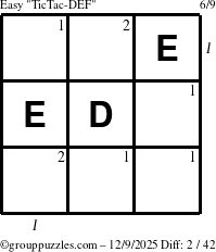 The grouppuzzles.com Easy TicTac-DEF puzzle for Tuesday December 9, 2025, suitable for printing, with all 2 steps marked