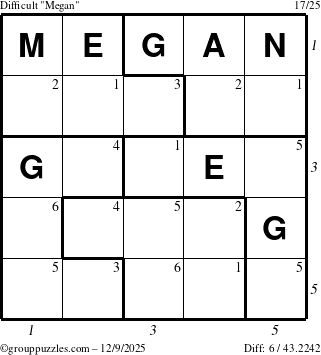 The grouppuzzles.com Difficult Megan puzzle for Tuesday December 9, 2025 with all 6 steps marked