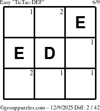 The grouppuzzles.com Easy TicTac-DEF puzzle for Tuesday December 9, 2025 with the first 2 steps marked