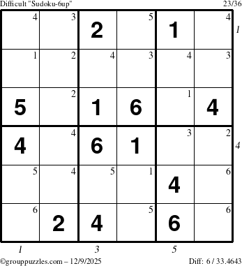 The grouppuzzles.com Difficult Sudoku-6up puzzle for Tuesday December 9, 2025, suitable for printing, with all 6 steps marked