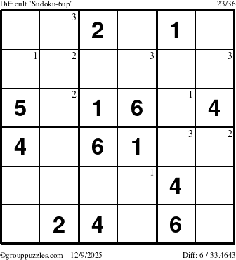 The grouppuzzles.com Difficult Sudoku-6up puzzle for Tuesday December 9, 2025 with the first 3 steps marked