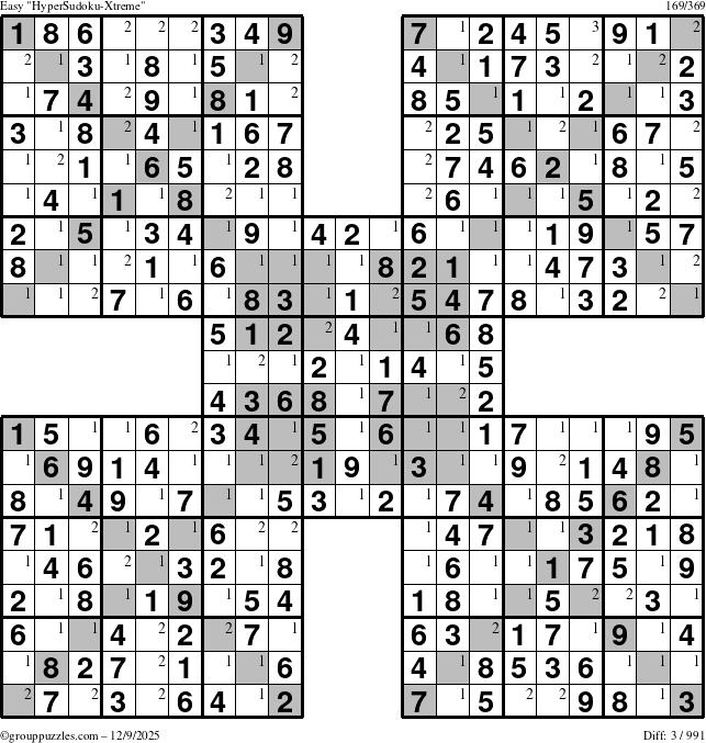 The grouppuzzles.com Easy HyperSudoku-Xtreme puzzle for Tuesday December 9, 2025 with the first 3 steps marked