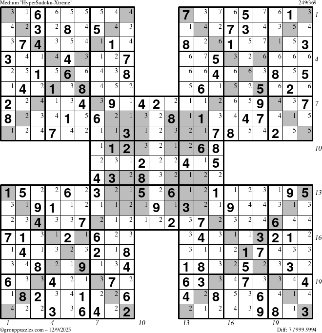 The grouppuzzles.com Medium HyperSudoku-Xtreme puzzle for Tuesday December 9, 2025, suitable for printing, with all 7 steps marked